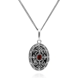 Gemondo Art Nouveau Style Oval Garnet & Marcasite Locket Necklace in Sterling Silver