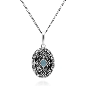 Gemondo Art Nouveau Style Oval Dyed Green Jade & Marcasite Locket Necklace in 925 Sterling Silver
