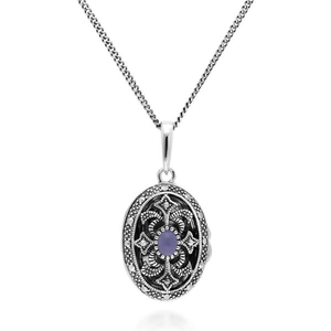 Gemondo Art Nouveau Style Oval Dyed Purple Jade & Marcasite Locket Necklace in 925 Sterling Silver