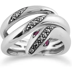 Gemondo Art Nouveau Style Round Ruby & Marcasite Snake Ring in 925 Sterling Silver