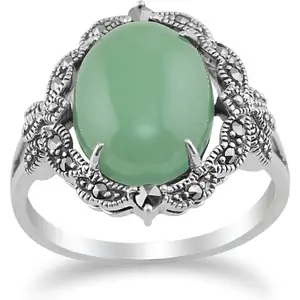 Gemondo Art Nouveau Style Green Jade Cabochon & Marcasite Statement Ring in 925 Silver