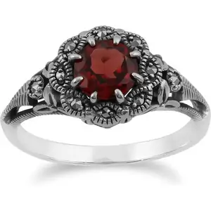 Gemondo Art Nouveau Style Round Garnet & Marcasite Floral Ring in Sterling Silver