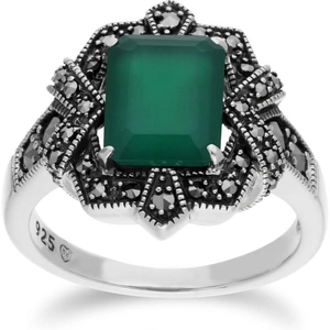 Gemondo Art Deco Style Baguette Green Chalcedony & Marcasite Ring in 925 Sterling Silver