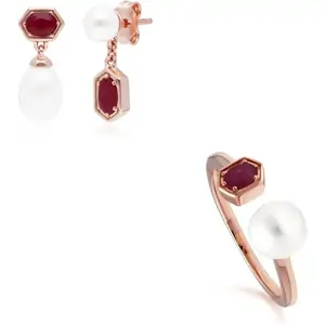 Gemondo Modern Pearl & Ruby Earring & Ring Set in Rose Gold Plated Silver