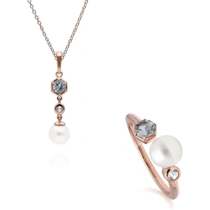 Gemondo Modern Pearl, Aquamarine & Topaz Pendant & Ring Set in Rose Gold Plated Silver
