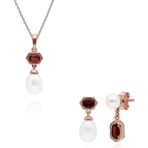 Gemondo Modern Pearl & Garnet Pendant & Earring Set in Rose Gold Plated Silver