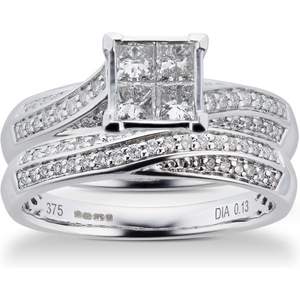 Goldsmiths Princess And Brilliant Cut 0.76 Carat Total Weight Diamond Bridal Set In 9 Carat White Gold - Ring Size K