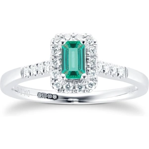 Goldsmiths 9ct White Gold Emerald & Diamond Halo Ring - Ring Size J