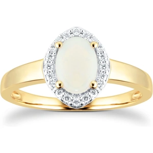 Goldsmiths Oval Cut Opal And Diamond Set Ring In 9 Carat Yellow Gold - Ring Size O