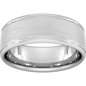 Goldsmiths 8mm Flat Court Heavy Matt Centre With Grooves Wedding Ring In Platinum - Ring Size P