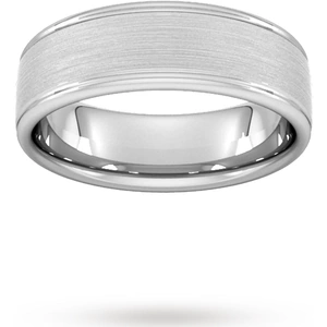 Goldsmiths 7mm D Shape Heavy Matt Centre With Grooves Wedding Ring In 18 Carat White Gold - Ring Size R