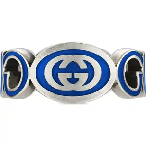 Gucci Interlocking G Boule Sterling Silver & Blue Enamel Ring - Ring Size R