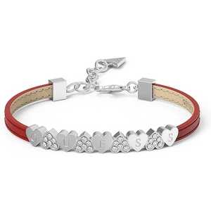 Guess Jewellery GUESS red leather bracelet with rhodium plated centre bar featuring alternating pavè Swarovski® crystal and plain hearts, presented in a box set