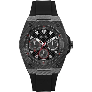 GUESS Gents carbon fibre look watch with black dial and black silicone strap