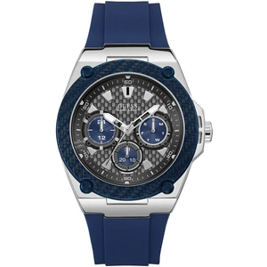 GUESS Gents silver watch with blue trim, grey multifunctional dial and blue silicone strap