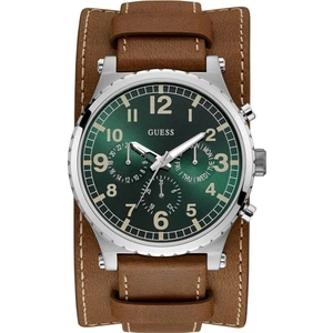 GUESS Gents silver watch with green dial and leather strap with removable cuff