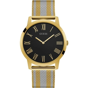 GUESS Gents gold watch with black dial and two tone mesh bracelet