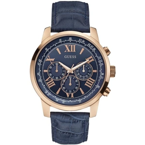GUESS Men's blue leather strap watch with a rose gold case