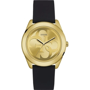 GUESS Ladies gold watch with gold logo dial and black silicone strap