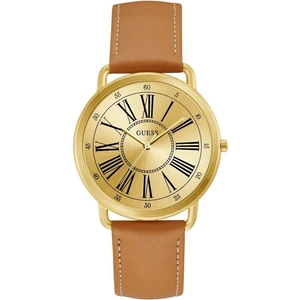 GUESS Ladies gold watch with smooth tan leather strap