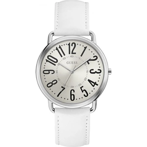 GUESS Ladies silver watch with white dial & leather strap