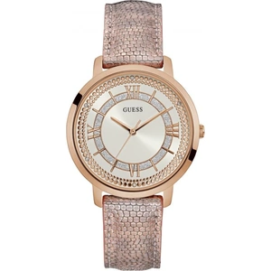 GUESS Ladies rose gold watch with textured leather strap