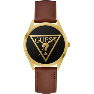 GUESS Ladies gold watch with black and gold logo dial and brown leather strap
