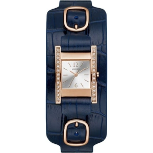 GUESS Ladies rose gold watch with crystals, silver dial and blue croco leather cuff