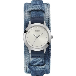 GUESS Ladies silver watch with white dial, acid-wash denim leather strap and removable cuff