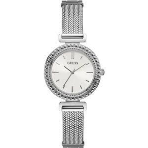 GUESS Ladies silver watch with white dial and mesh bracelet