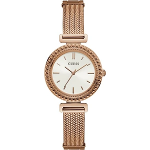 GUESS Ladies rose gold watch with white dial and mesh bracelet