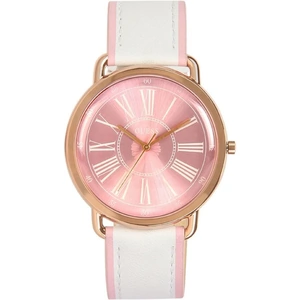 GUESS Ladies rose gold watch with pink dial and white leather strap