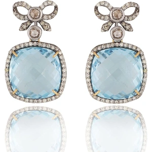 Kastur Jewels Gold & Silver Art Deco Inspired Bow Earrings with Blue Topaz & Diamonds