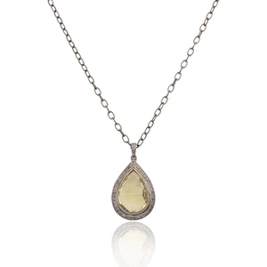 Kastur Jewels Sterling Silver 1930's Inspired Topaz & Diamond Tear Drop Pendant Necklace