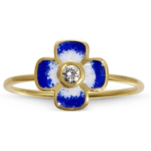 Liz Phillips Anthea Diamond and Enamel Blue Flower Ring - UK Q - US 8.25 - EU 57.6