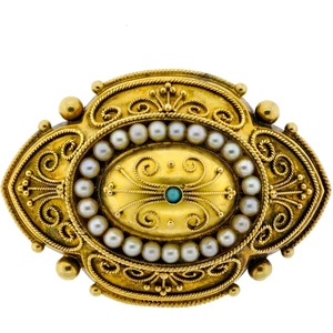 Lori Mesa Antiques & Fine Jewelry Superb Victorian 14kt Yellow Gold Pearl & Turquoise Locket Compartment Back Brooch