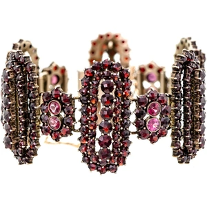 Lori Mesa Antiques & Fine Jewelry Outstanding Vintage Garnet and Gilt Hinged Wide Flexible Bracelet