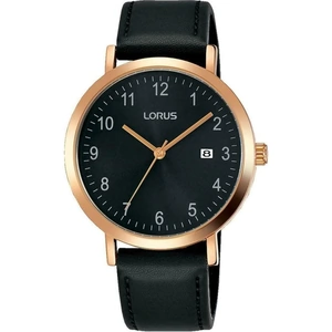 View product details for the Lorus Mens Rose Gold Plated Black Date Dial Leather Strap Watch RH938JX9