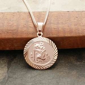 Lovesilver 9ct Rose Gold Plated 16mm Diamond Cut St Christopher Pendant With Optional Personalisation and Chain
