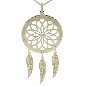 Lovesilver 9ct White Gold Dream Catcher and Feathers Necklace With Crystal