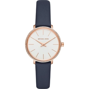 Michael Kors Ladies Pyper Rose Gold Plated White Dial Navy Blue Leather Strap Watch MK2804