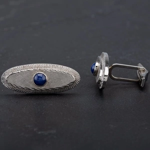 Pre-Owned 9ct White Gold Long Oval Star Sapphire Set Cufflinks 4119563
