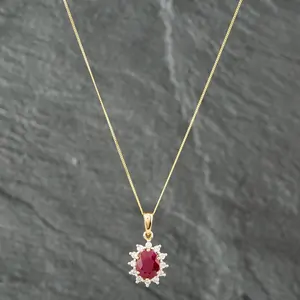Pre-Owned 18ct Yellow Gold 1.25ct Ruby & 0.24ct Brilliant Cut Diamond Oval Pendant & 18 Inch Curb Chain 411458162
