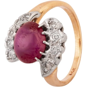 Pre-Owned 9ct Yellow Gold Cabochon Synthetic Star Ruby and Diamond Twist Ring 4312277