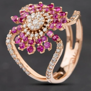 Pre-Owned 14ct Rose Gold Ruby & Brilliant Cut Diamond Flower Cluster Ring 4335177