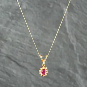 Pre-Owned 18ct Yellow Gold Ruby & Brilliant Cut Diamond Oval Cluster Pendant & 18 Inch Curb Chain 433915713