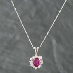 Pre-Owned Platinum 2.36ct Ruby & 0.48ct Brilliant Cut Diamond Oval Cluster Pendant & 16 Inch Trace Chain 43391579