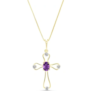 QP Jewellers Amethyst & Diamond Venetian Cross Pendant Necklace in 9ct Gold