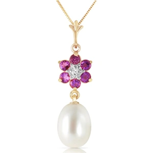 QP Jewellers Pearl, Amethyst & Diamond Daisy Pendant Necklace in 9ct Gold