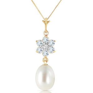 QP Jewellers Pearl, Aquamarine & Diamond Daisy Pendant Necklace in 9ct Gold